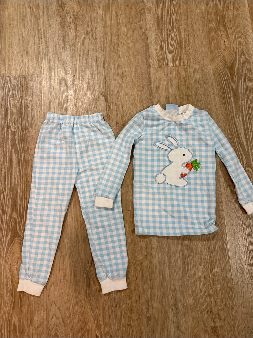 Light Blue Gingham Bunny Pajama Set for Kids